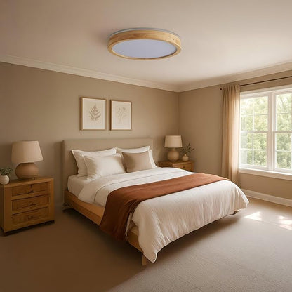 LED Ceiling Light Fixture 15.74, Handcrafted Natural Wood Modern Wabi-Sabi Style, 42W LED 3000K-4000K-6000K, Low Profile Lamp for Bedroom Kitchen Hallway Dining