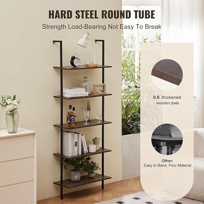 VEVOR Ladder Shelf, 5-Tier Bookshelf 24x11.8in, Open Wall-Mounted Ladder Shelf with Metal Frame,Storage Rack Sundries Holder for Kitchen Bedroom Bathroom Living Room, Black