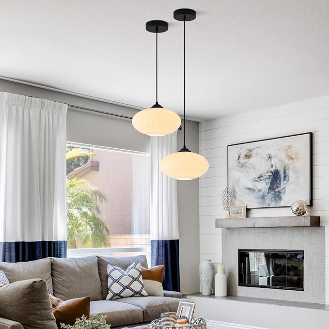 Large Milk Glass Pendant Lights Mid Century Modern Globe Pendant Lighting Black Industrial Pendant Lights Kitchen Island Vintage Ribbed Glass Ceiling Light (2 Pack)