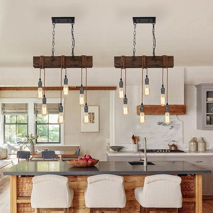 KEESFU 6-Lights Dining Farmhouse Chandelier, Farmhouse Wooden Ceiling Pendant Light, Height Adjustable, Rustic Chandelier for Kitchen Island Dining Room Bar Pool Table Cabin.