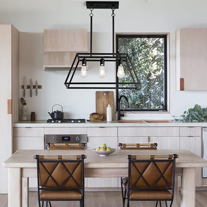 Black Kitchen Island Lighting, 3-Light Farmhouse Chandeliers, Modern Industrial Linear Rectangle Pendant Light Fixtures for Dining Room Kitchen Bar Foyer(Metal, E26 Base)
