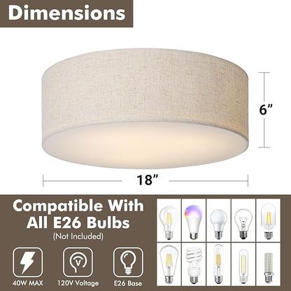 CALOKES 18-Inch Large Flush Mount Ceiling Light Fixture with Fabric Shade, Modern Drum Closed to Ceiling Lighting for Living Dining Room, Bedroom, Kitchen, Foyer - Farmhouse 3-Light Lamp & Chandelier