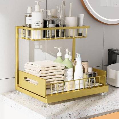 Saydear Under Sink Organizer Storage 2-Tier Premium Metal Pull-Out Kitchen Cabinet Organizer with Sliding Drawer, Height Adjustable, Heavy Duty for Kitchen & Bathroom Organizers 2 Pack Gold
