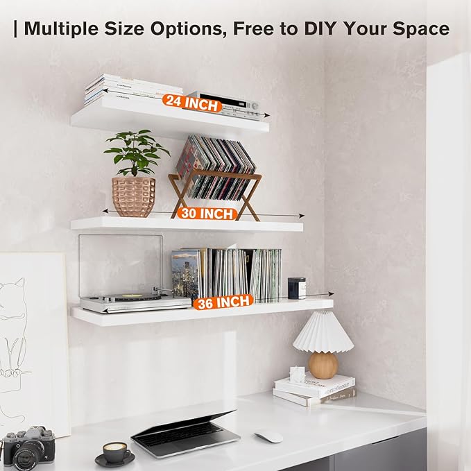 Wall Shelf Set of 1, White Floating Shelves 24 in W x 10 in D x 1 in H, Wooden Floating Wall Shelf with Invisible Brackets for Living Room/Bedroom/Bathroom/Kitchen Storage and Decor