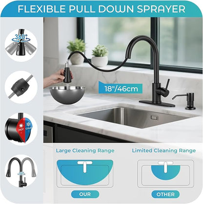 Pull Down Kitchen Faucet with Soap Dispenser - Matte Black Single Handle Kitchen Faucets, High Arc Stainless Steel Pull Out Kitchen Sink Faucet with Deck for RV Laundry Farmhouse Bar