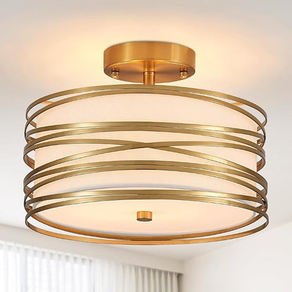 Drum Semi Flush Mount Ceiling Light Fixture, Gold Matal & Linen Fabric Shade Ceiling Light, Modern Farmhouse Close to Ceiling Light for Bedroom, Hallway, Entryway, Dining Room, Laundry Room