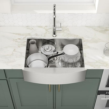 Logmey 27 Farmhouse Sink - 27x20 Inch Apron Front 16 Gauge Stainless Steel Sink Stainless Farm Sink Single Bowl Kitchen Sink