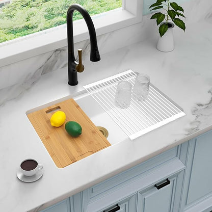 White Undermount Kitchen Sink 28 Inch - Drop In Granite Quartz Composite Workstation Sink - Deep Single Bowl,Dual Mount,with Accessories (White, 28" x 18")
