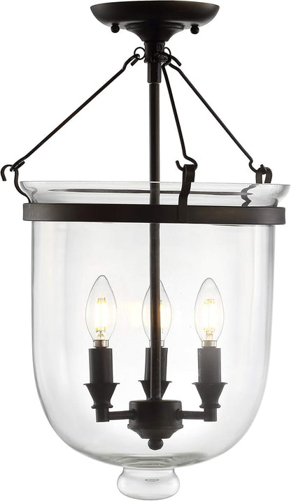 JONATHAN Y 14.5" Oil Rubbed Bronze 3-Light Iron and Glass Semi-Flush Mount, Transitional French Country Farmhouse Ceiling Light for Entryway Bedroom, LED Bulbs Included JYL9039A