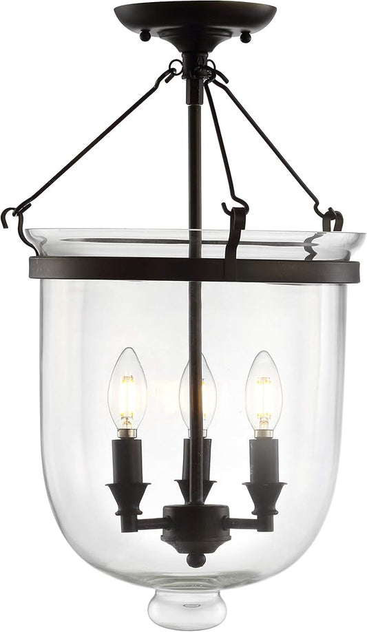 JONATHAN Y 14.5" Oil Rubbed Bronze 3-Light Iron and Glass Semi-Flush Mount, Transitional French Country Farmhouse Ceiling Light for Entryway Bedroom, LED Bulbs Included JYL9039A