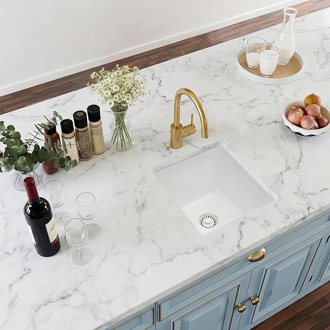 White Bar Sink, 13" x 15" x 10" Undermount Kitchen Sink, 13 Inch Small and Deep Single Bowl Granite Composite Kitchen Sink with Accessories, 13 x 15 White Quartz Stone Bar Sinks