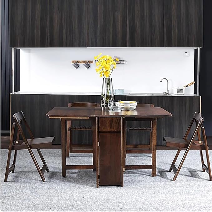 Solid Wood Folding Dining Table with Storage,Rectangular Island Kitchen Table with Drawers,Small Space Drop Leaf Foldable Table with Wheels,Table Only-No Chairs(34.5" D x 51" W x 29.5" H, Glod Brown)