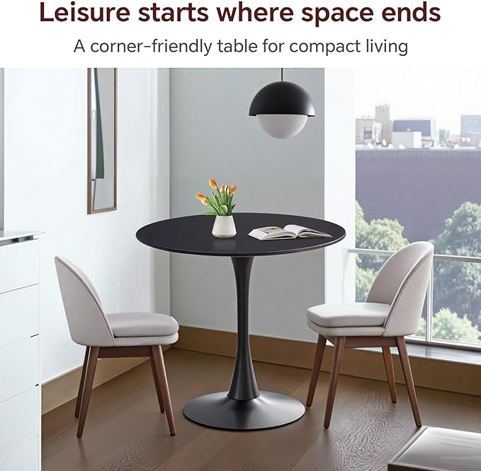 Round Dining Table 31.5" Black Tulip Table with Pedestal Base for 2-4 People Small Space - Kitchen Living Room Cafe