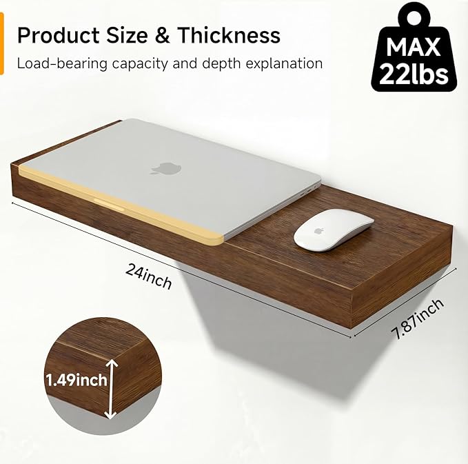INHABIT UNION Walnut Floating Shelves for Wall, 24 in Wall Mounted Shelves Perfect for Bedroom, Bathroom, Living Room and Kitchen Decoration Storage（Set of 2）