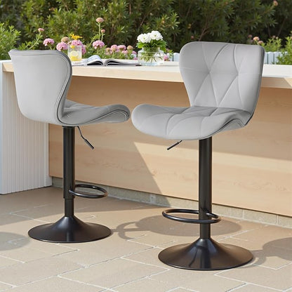 Sweetcrispy Modern Bar Stools Set of 2, Adjustable Faux Leather Upholstered Swivel Bar Stools, Counter Height Bar Chairs with Back for Kitchen Island, Grey