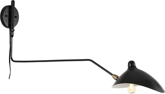 JONATHAN Y 8.5" Black/Brass Gold Retro Swing Arm LED Wall Sconce, Mid-Century Modern Iron Plug-in Light for Bedroom, Living Room, Adjustable Metal Bowl Shade (JYL9067B)