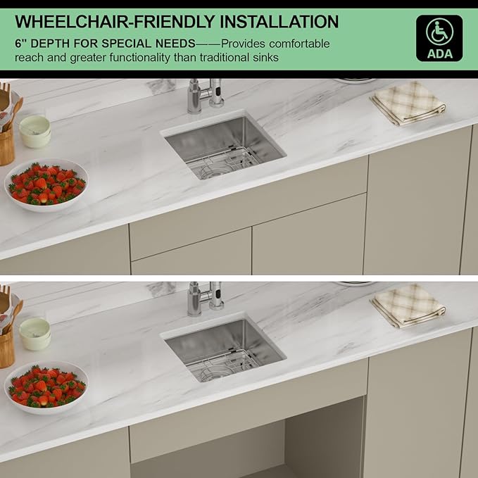 15 Inch Undermount Kitchen Sink - Beslend ADA 6 Inch Depth 15x15 Undermount Sinks Stainless Steel 16 Gauge Mobility Friendly Sink for Wheelchair Accessible & Accessible Design Kitchen