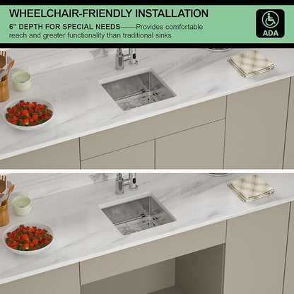 15 Inch Undermount Kitchen Sink - Beslend ADA 6 Inch Depth 15x15 Undermount Sinks Stainless Steel 16 Gauge Mobility Friendly Sink for Wheelchair Accessible & Accessible Design Kitchen