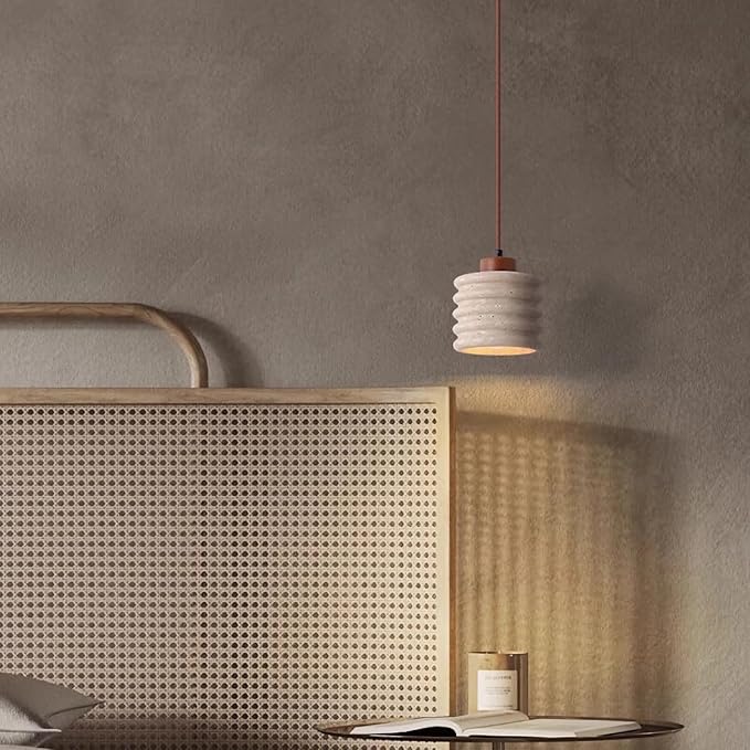 Japanese Wabi sabi Pendant Light with Natural Stone Shade, Dimmable Modern Wood Hanging Lamp Fixture, Adjustable Height Pendant Lamp for Bedroom, Kitchen Island, Dining Room, Restaurant, Cafe, Bar (L)