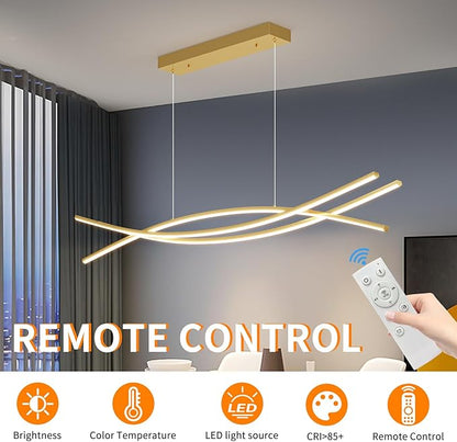 Modern Ceiling Chandelier Light, 39IN Gold Pendant Light Fixtures with Remote Control 3000k-6500K Adjustable Color Temperature, Aluminum Island Lighting Lamp for Dining Room, Living Room, Island