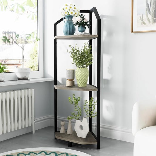 Fun Memories 3 Tier Corner Shelf, 40” Corner Shelf Stand, Corner Bookshelf Plant Stand, Storage Shelf for Bathroom, Living Room, Kitchen,Grey Home Office, Grey