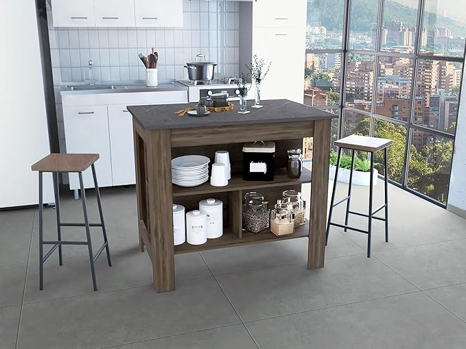Kitchen Island Kitchen Table 35" H Four Legs with 3 Open Storage Shelves Wide Top for Meal Prep Spacious Leg Room Practical(Black Gray)