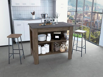 Kitchen Island Kitchen Table 35" H Four Legs with 3 Open Storage Shelves Wide Top for Meal Prep Spacious Leg Room Practical(Black Gray)