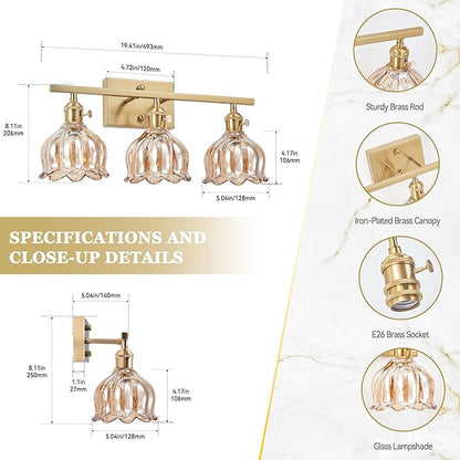 3-Light Amber Tulip Glass Vanity Light, Brushed Gold Vintage Bathroom Wall Sconce, 19.4" Antique Brass Hardwired Wall Lamp for Mirror, Powder Room, Bedroom (Individual Switches, Bulbs Not Included)