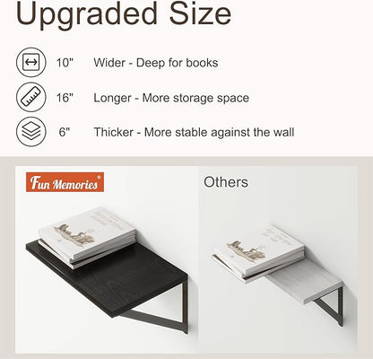 Fun Memories 10 Inch Deep Floating Shelves, Black Floating Shelf 16 Inch Long, 16" W x 10" D Wall Shelves Set of 2, Deep Shelves for Books, Wide Floating Shelves for Bahtoom, Living Room, Kitchen