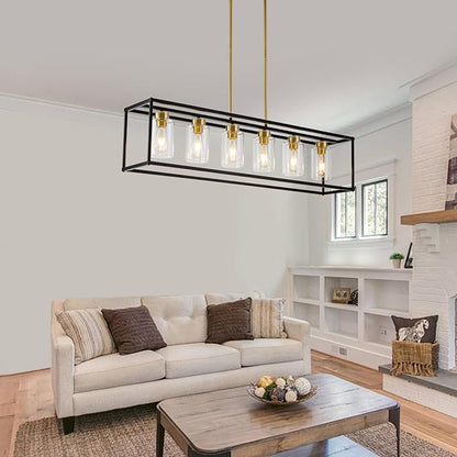 6 Lights Modern Dining Room Light Fixtures Over Table Black & Brushed Brass Gold Farmhouse Chandelier Rectangular Pendent Lighting for Kitchen with Glass Shade Long Linear Industry Hanging Light