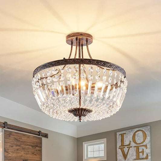 YYJLX 5-Light Retor Crystal Ceiling Light Fixture Oil Rubbed Bronze Semi Flush Mount Chandelier Ceiling Lamp for Living Room Dining Room Entryway Hallway Foyer Bedroom Laundry Bathroom