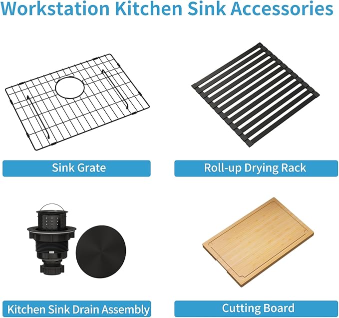 LQS 23 Inch Black Undermount Kitchen Sink, Black Kitchen Sink 23" x 18", 10" Deep Single Bowl Sinks, 16 Gauage Stainless Steel Material, Workstation Ledge With Abundant Accessories