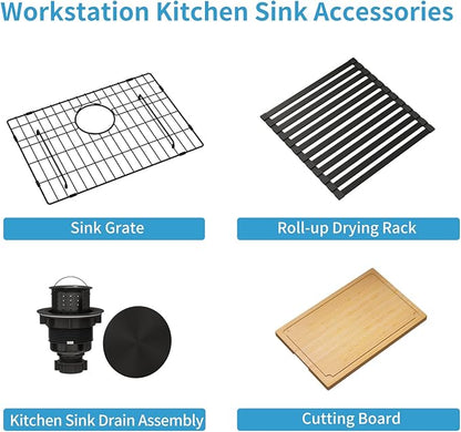 LQS 23 Inch Black Undermount Kitchen Sink, Black Kitchen Sink 23" x 18", 10" Deep Single Bowl Sinks, 16 Gauage Stainless Steel Material, Workstation Ledge With Abundant Accessories