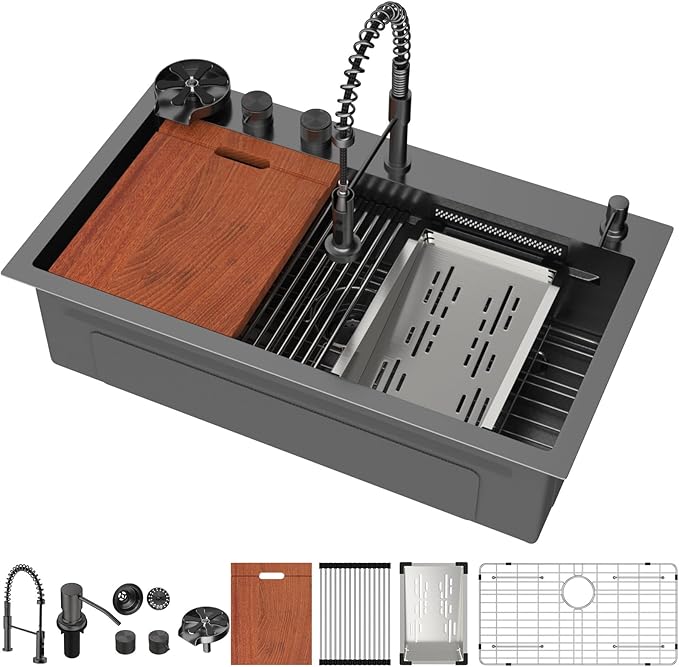 Mocoloo 33 Inch Black Honeycomb Waterfall Kitchen Sink Drop in, 33x19 Inch Stainless Steel Workstation Sink 16 Gauge Topmount Single Bowl Sink with Complete Kit