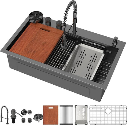Mocoloo 33 Inch Black Honeycomb Waterfall Kitchen Sink Drop in, 33x19 Inch Stainless Steel Workstation Sink 16 Gauge Topmount Single Bowl Sink with Complete Kit