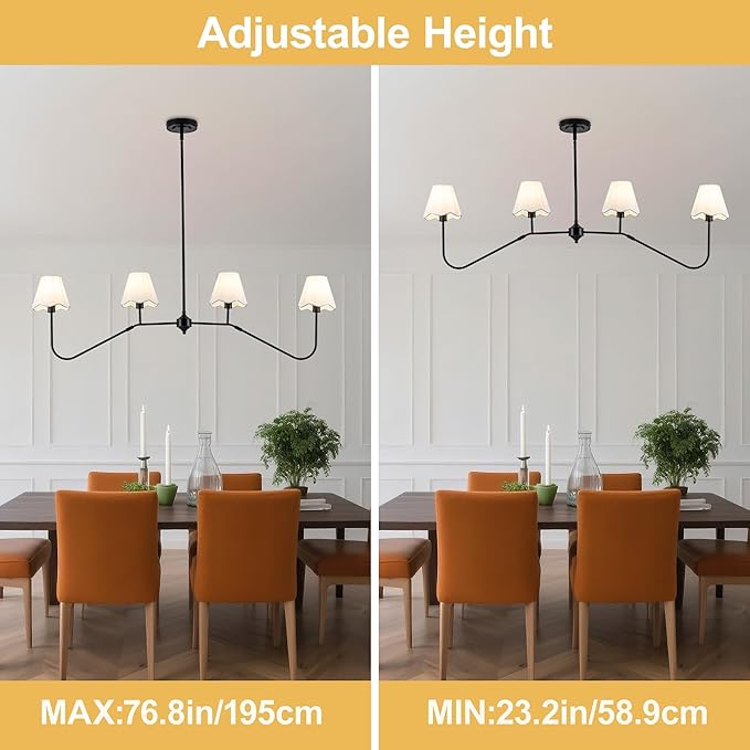 MAYNA 47" Modern Linear Chandeliers for Dining Room, 4-Light Black Kitchen Island Pendant Lighting with White Fabric Shades, Adjustable Height Dining Room Light Fixture, E12 Base