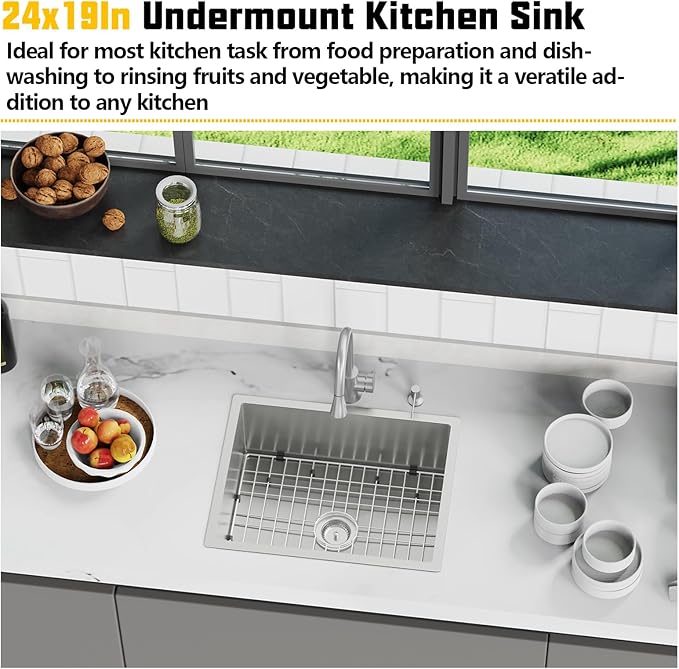 24x19 Inch Stainless Steel Kitchen Sink-Undermount Single Bowl Drop In Kitchen Sink Stylish And Modern Look Come With Bottom Grid,Silicon Mat And Drain Assembly Add Elegance & Enhance Usability