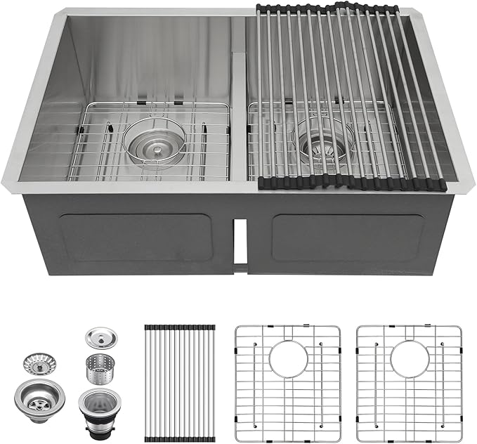 Lordear 28 Undermount Sink Double Bowl 28 Inch Kitchen Sink Undermount Low Divide Double Bowl 50/50 16 Gauge Stainless Steel Kitchen Sinks Handmade
