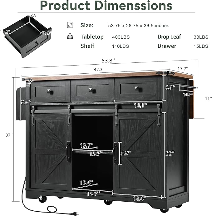 RUNNA Farmhouse Kitchen Island with Power Outlet, 2 Sliding Barn Door Kitchen Storage Island with Drop Leaf, Spice Rack Rolling Kitchen Cart on Wheels, for Home, Kitchen and Dining Room (Black~47)