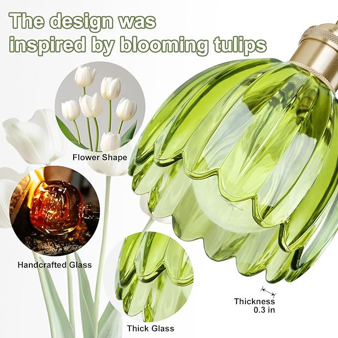 Vintage Bathroom Light Fixtures,6-Light Hardwired Vanity Lights with Green Tulip Glass Shade,Gold Bathroom Vanity Light for Mirror Restroom,E26 Socket,40.55 in(Bulbs Not Included)