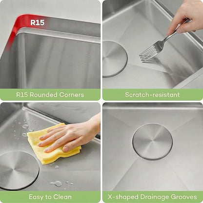 LQS Double Bowl Kitchen Sink, Undermount/Drop In Kitchen Sink, Double Bowl Stainless Steel Kitchen Sinks, 16 Gauge Stainless Steel Handmade Sinks (Stainless Steel, 30" x 22" x 10")
