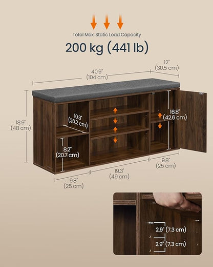 SONGMICS HOME Storage Bench, Superfast Toolless Assembly, 41" Wide Entryway Shoe Bench with Cushion & Adjustable Shelves, Shoe Rack Cabinet, Natural Walnut and Slate Gray ULHS391KE04S