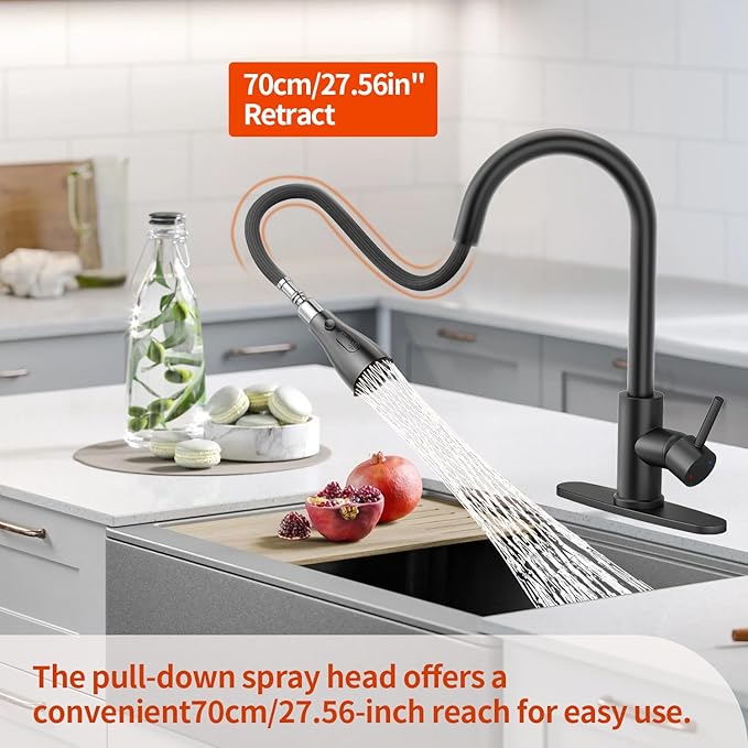 Kitchen Faucet with Pull Down Sprayer，Stainless Steel Single Handle Kitchen Faucet，1/3 Hole, Deck Plate Included，Suitable for farmhouses, Campers, Laundry Rooms, RVs, and Bars(Black)