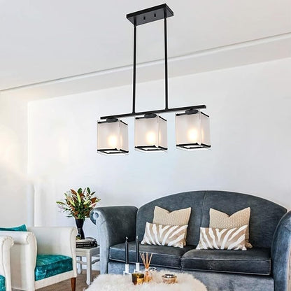 3-Light Dining Room Light Fixture Kitchen Island Lighting with Frosted Glass Shade Linear Black Chandelier Pendant Lighting Over Table for Dining Table Kitchen Island, Adjustable Height