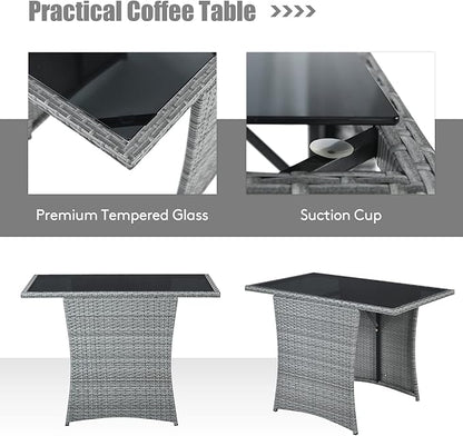 Tangkula 3 Pieces Patio Dining Set, Patiojoy Space-Saving PE Rattan Bistro Set with Tempered Glass Top Table and Cushioned Chairs, Outdoor Conversation Set for Garden, Backyard, Poolside, Porch