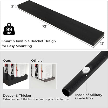 Venusmiles Floating Shelves for Wall, 72 Inch Wide x 12 Inch Deep Floating Shelves, Long Wood Floating Wall Shelf Shelves for Living Room Bathroom Bedroom Kitchen Home - (Black, 72" W x 12" D x 2" H)