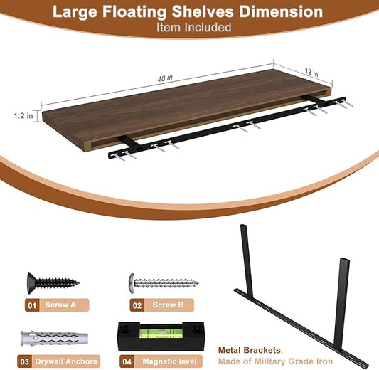Large Floating Shelves for Wall 24" W x 12" D x 1.2" H Deep Floating Shelves 1 Pack Floating Shelf Large Storage Space Wall Mount Shelf for Living Room Kitchen Bathroom Oak