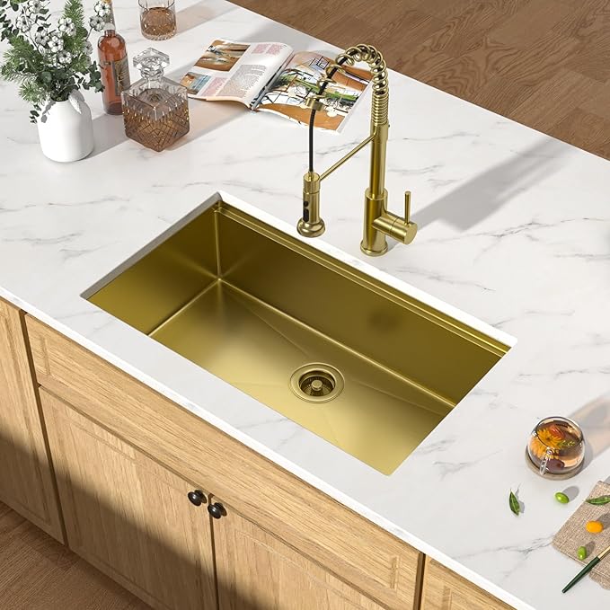 32 Gold Undermount Kitchen Sink - Workstation All-In One 32x19 Gold 16 Gauge Stainless Steel Under Counter Single Bowl Sink for Kitchen with Mixing Board and Pasta Strainer #TLU-0049