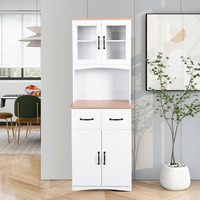 White Cupboard, Freestanding Multifunctional Kitchen Pantry Storage Cabinet with Drawers, Doors and Adjustable Shelf