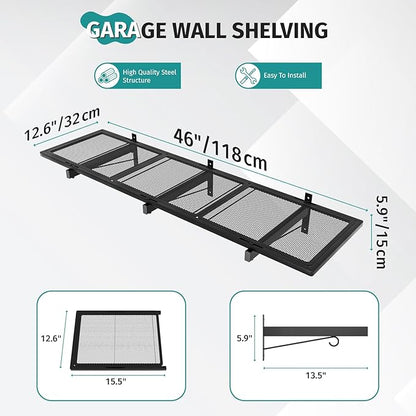 Garage Wall Shelving, 46'' x 12.6'' Garage Shelf Wall Mounted, Heavy Duty Storage Shelves 180 LBS Capacity, Floating Storage Rack with 4 Hooks, Black Metal Shelf Organizer for Basement, Workshop